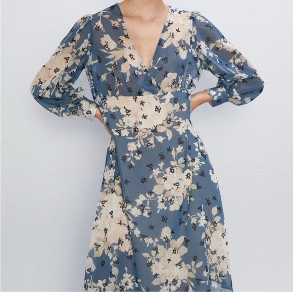 Zara Floral Print Dress NWOT Size Small Navy Blue & Beige Color - Picture 7 of 11